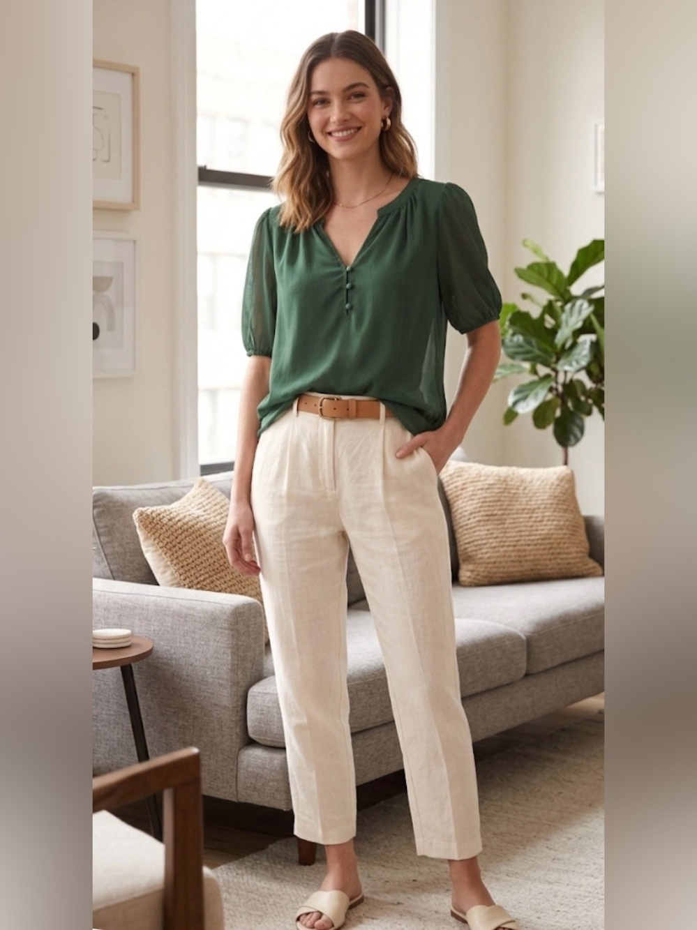 LOFT Green Short-Sleeve V-Neckline Blouse - Sz medium - NWT - Picture 2 of 10